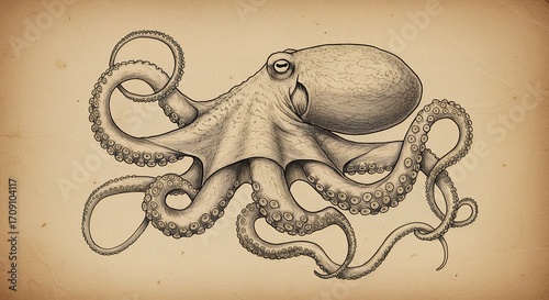 Detailed Octopus Drawing on Parchment Paper