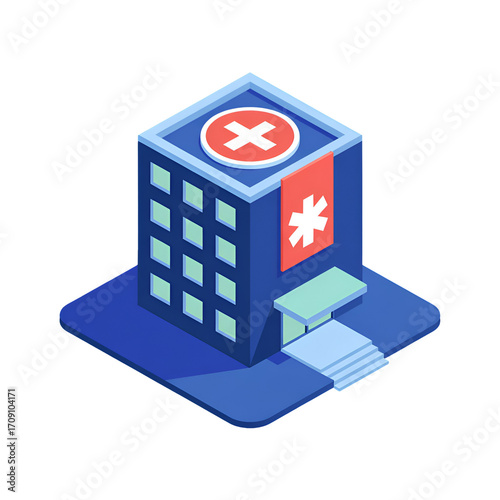 Isometric hospital building with red cross and star of life symbols medical healthcare