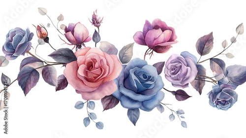 Vintage Bouquet with Roses and Branches in Soft Pastel Watercolors