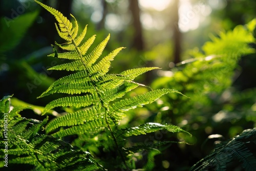 Sunlit fern fronds fill the frame casting sharp shadows creating a vibrant natural scene in a forest setting