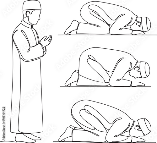 Abstract Continuous Line Art of Muslim Prayer Positions in Dynamic Composition.