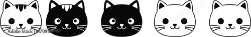 Cute cartoon cat faces icons, black and white cat illustrations, kawaii pet expressions, adorable feline designs, minimalistic cat artwork.