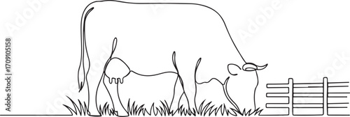 Minimalist Linear Style Cow Silhouette with Pasture Elements in Continuous Line Art