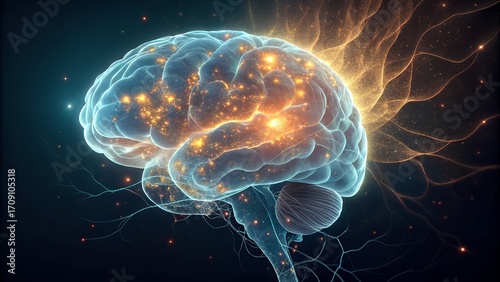 A brightly glowing digital brain pulsates with light, representing intelligence, advanced technology, and complex neural networks in an abstract dark space.