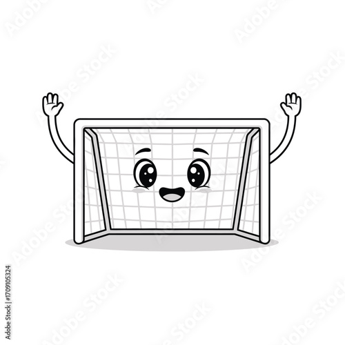 Happy cartoon soccer goal with arms raised in celebration, vector illustration