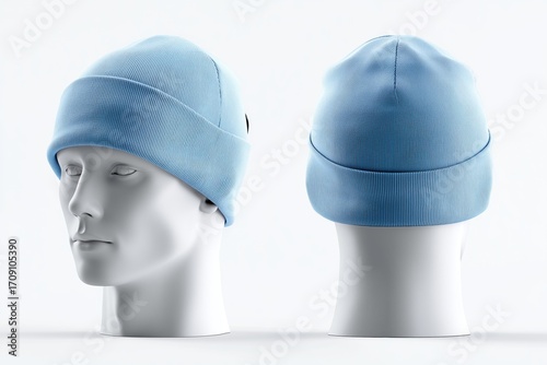 A light blue beanie hat mockup on a mannequin head from the front and back views