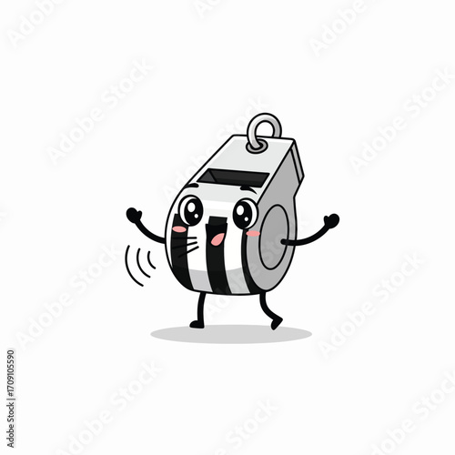 Cute cartoon black and white striped whistle character with arms and legs raised in a joyful dance pose, illustration