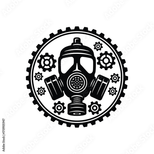 Vector illustration of a protective gas mask framed by intricate mechanical gears, embodying themes of industrial safety, technological resilience, and a retro-futuristic aesthetic
