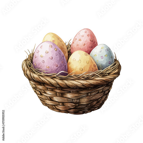 easter eggs on basket house hand drawn illustration