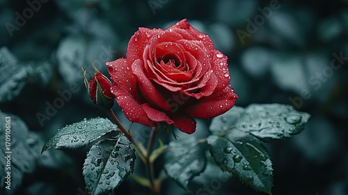 Red rose with dew drops