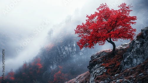 Red tree mountain mist