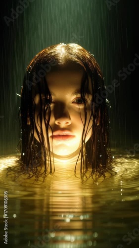 Horror ghost emerges from dark water with wet hair glowing face and eyes under rain creating eerie mysterious chilling atmosphere