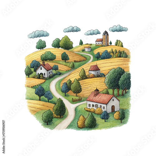 farm view hand drawn illustration