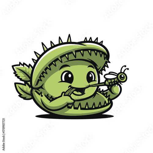 Cute cartoon venus flytrap eating a small fly, graphic illustration representing nature and insects, perfect for educational or whimsical designs