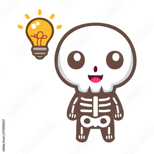 A cartoon of a cute skeleton with a bright lightbulb, perfect for Halloween illustrations
