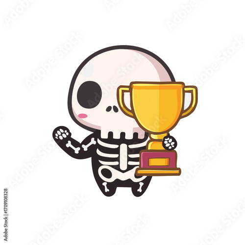 A cute cartoon skeleton holding a golden trophy, celebrating victory and success. Its adorable and triumphant pose evokes a sense of playful accomplishment