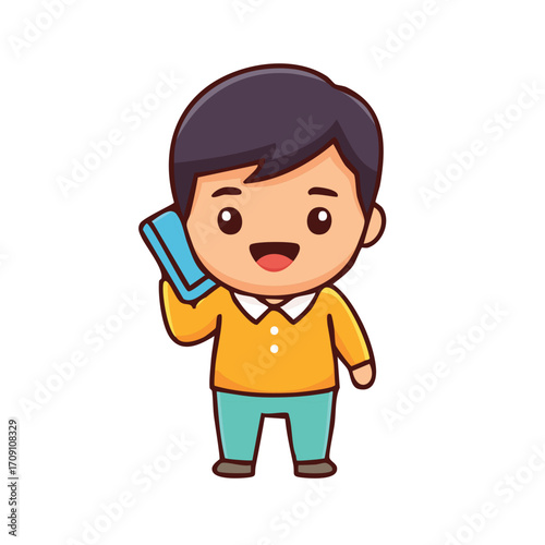 A cute cartoon man is smiling while talking on the phone