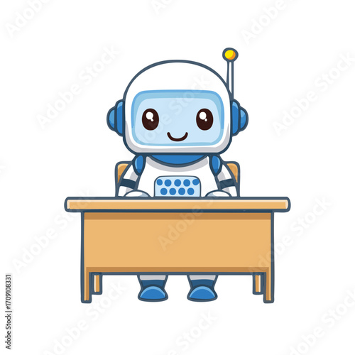 An adorable robot sitting at a desk, ideal for technology and education illustrations. The robot is designed to be approachable and friendly