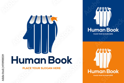 Human head merged with books, symbolizing knowledge, wisdom, and lifelong learning. A perfect logo for education, literature, or mental development businesses.