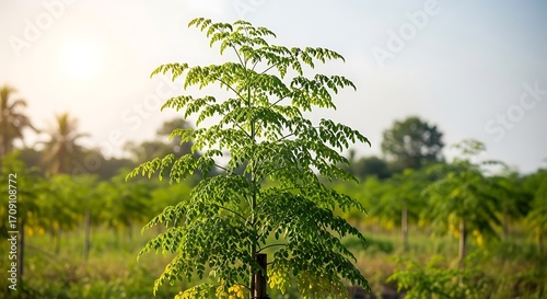 A vibrant young moringa tree stands out in a field of similar plants, bathed in the soft morning light.