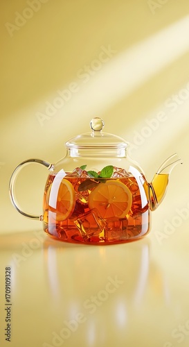 A clear glass teapot filled with iced tea, lemon slices, and fresh mint leaves, displayed against a pale yellow background.