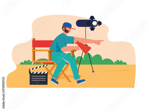 Bearded male director wearing hat scolding during film shooting. Hollywood illustration. Flat vector illustration.