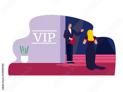 Female actress entering VIP ceremony. Hollywood illustration. Flat vector illustration.
