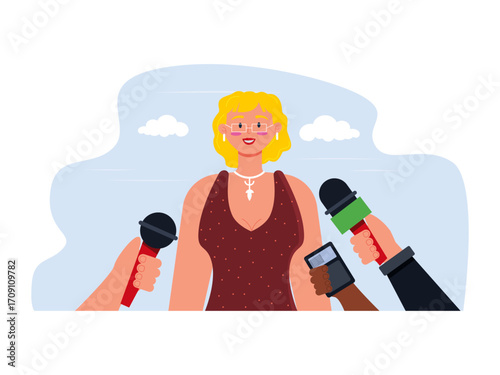 Blonde woman is interviewing with reporters and journalist. Hollywood illustration. Flat vector illustration.