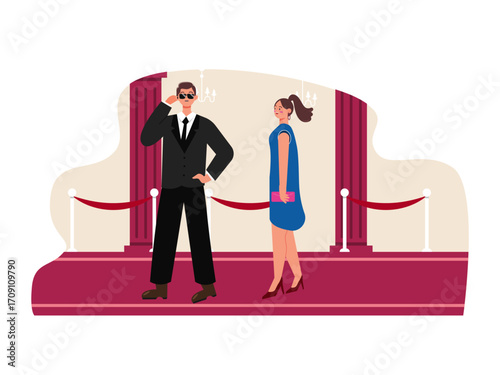 Female actress and bodyguards inside the event hall protection for Hollywood celebrities. Hollywood illustration. Flat vector illustration.