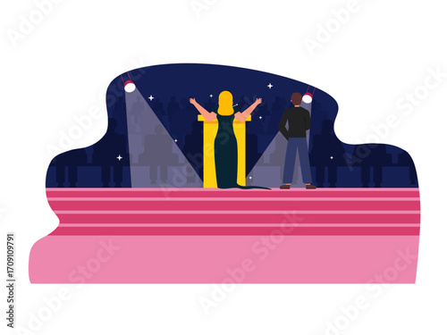 Female master of ceremony standing at podium greeting Hollywood award show. Hollywood illustration. Flat vector illustration.