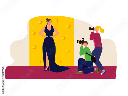 Woman posing for photo at gala premiere show. Hollywood illustration. Flat vector illustration.
