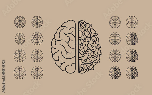 Artistic illustration of a human brain split into two halves with intricate detail