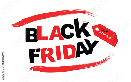 Stylized Black Friday Sale Logo with Red Brush Stroke and Sale Started Tag Illustration