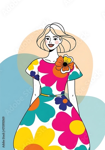 A smiling woman in a vibrant floral dress, radiating cheerful optimism, with bold colors and simple lines, creating a playful and artistic illustration.