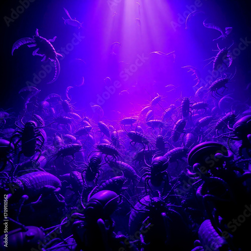 Wallpaper Mural Creative light art depicting a grand, epic scene of invertebrates in deep ultraviolet hues, vivid purples, high contrast, massive scale, heroic elements, artistic lighting, and abstract patterns Torontodigital.ca