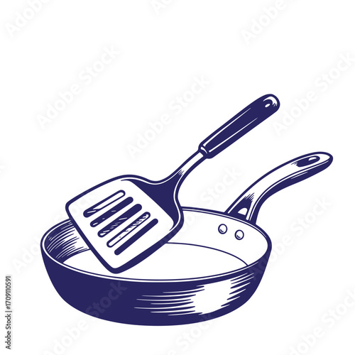 A vector illustration of a kitchen frying pan with a spatula for cooking and flipping food
