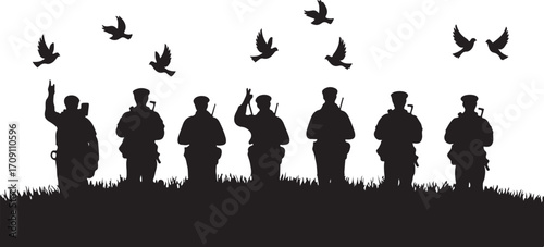Silhouette of soldiers standing in grass with doves flying above military army