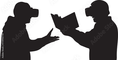 Two black silhouettes one wearing V R headset and holding open book the other gesturing virtual reality