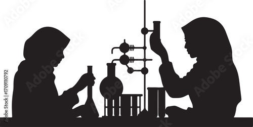 Two figures in hijabs conducting a science experiment with laboratory glassware research chemistry