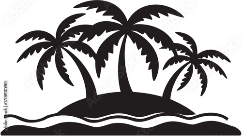 Tropical island paradise with swaying palm trees and gentle waves create a relaxing vacation vibe