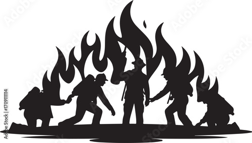 Black silhouette of firefighters battling a large fire flames emergency