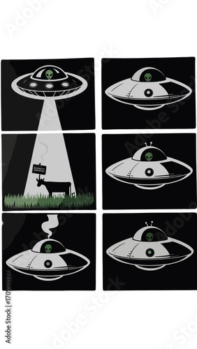 Cartoon UFO Alien Spaceship Set with Grass And Cow Abduction Line Art 