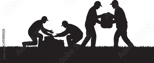 Silhouette of four men working together on a grassy area teamwork cooperation