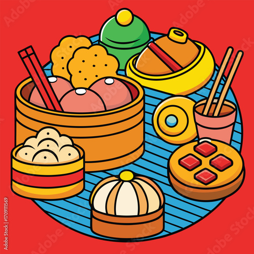 Colorful illustration of traditional chinese dim sum food and tea set