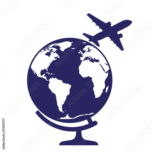 Airplane flying over a globe illustration depicting international travel and global connection