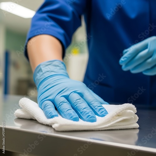 Hands in blue nitrile gloves carefully clean a stainless steel surface with a white microfiber cloth.