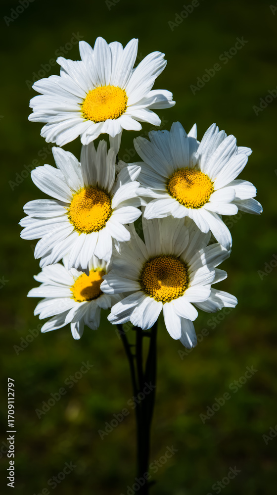 Fototapeta premium Fresh daisies in a simple bouquet, bathed in natural daylight with a soft green backdrop.