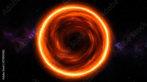 A seamlessly looping video showcases a fiery orange circular flare swirling into a deep vortex, generating an intense abstract cosmic portal seamlessly looping video, digital, energy