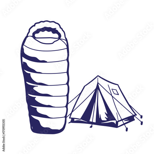 Camping equipment illustration depicting a sleeping bag and a tent for outdoor adventure
