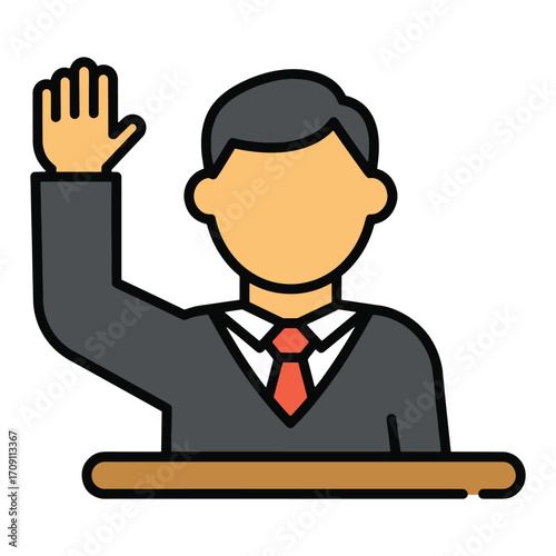 Vector illustration of a businessman in a suit at a desk, raising his hand to participate in a meeting or vote